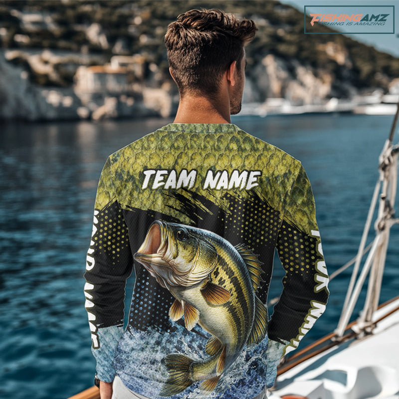 Largemouth Bass Fishing Green Camo Bass Jersey Customize Bass Fishing Shirts Long Sleeve NHT532