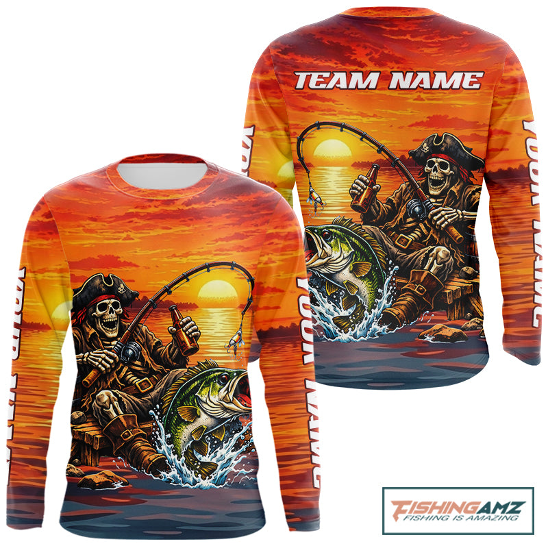 Skeleton Bass Fishing Shirts Long Sleeve – Sunset Fisherman Skull Design, Funny Fishing Gift For Anglers NHT536