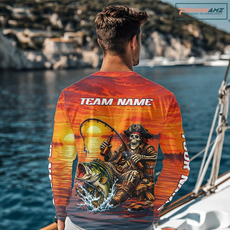 Skeleton Bass Fishing Shirts Long Sleeve – Sunset Fisherman Skull Design, Funny Fishing Gift For Anglers NHT536