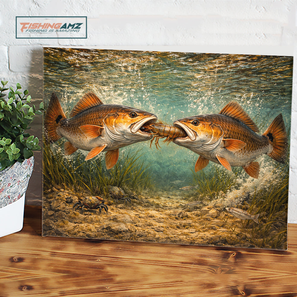 Battle Underwater: Red Drum Fighting Over Shrimp, Saltwater Fishing Painting on Canvas NHT469