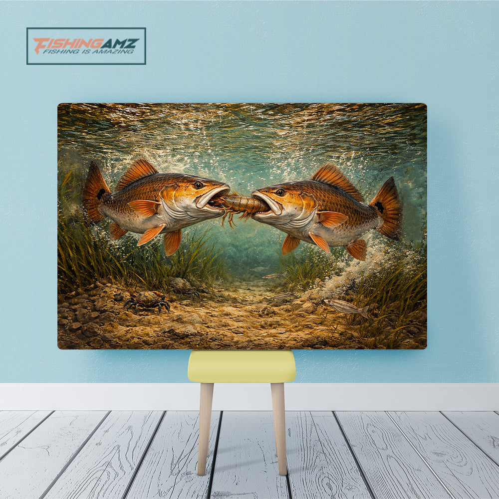 Battle Underwater: Red Drum Fighting Over Shrimp, Saltwater Fishing Painting on Canvas NHT469