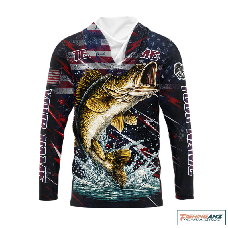 Personalized US flag walleye hooded fishing shirt, patriotic walleye fishing apparel
