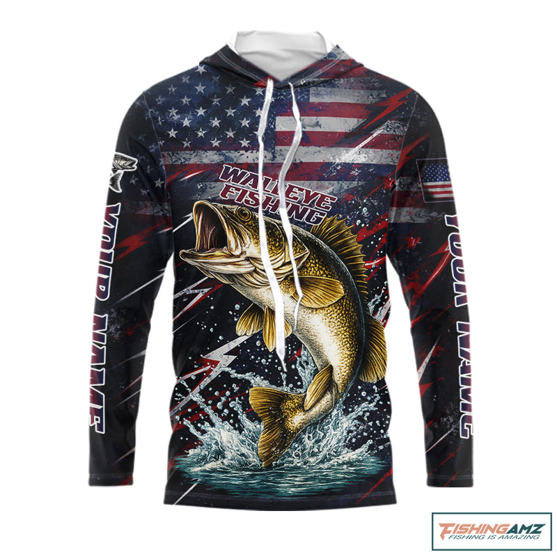 Personalized US flag walleye hooded fishing shirt, patriotic walleye fishing apparel