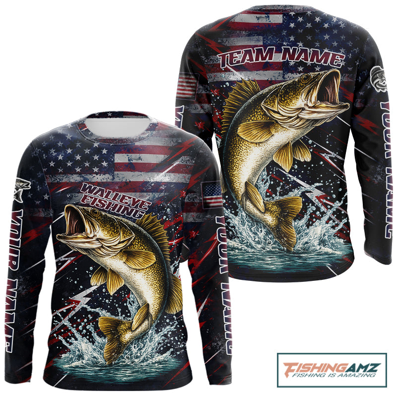 Personalized US flag walleye fishing shirt, patriotic walleye fishing apparel