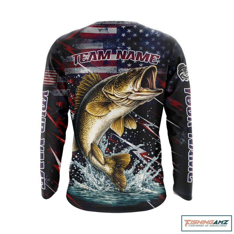 Personalized US flag walleye fishing shirt, patriotic walleye fishing apparel