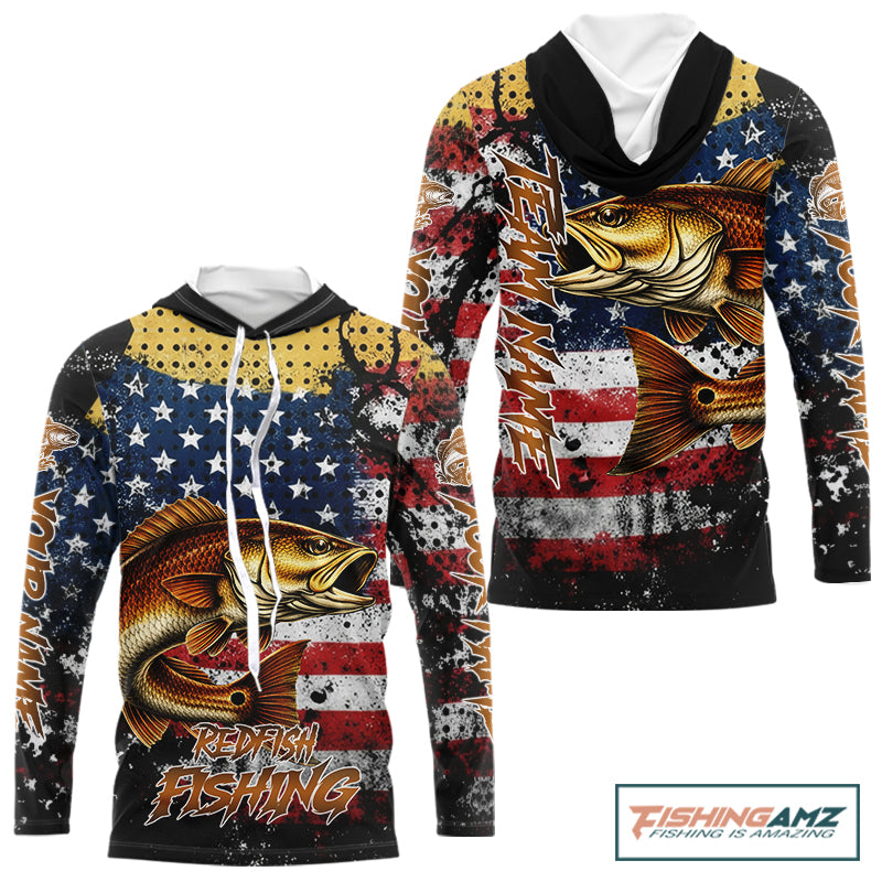 American Flag Custom Redfish Fishing Shirts Long Sleeve Hooded, Patriotic Redfish Fishing Jerseys NHT484