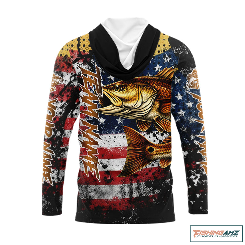 American Flag Custom Redfish Fishing Shirts Long Sleeve Hooded, Patriotic Redfish Fishing Jerseys NHT484
