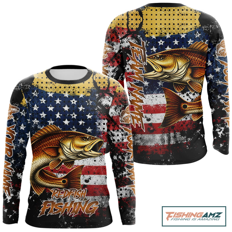 American Flag Custom Redfish Fishing Shirts Long Sleeve, Patriotic Redfish Fishing Jerseys NHT484