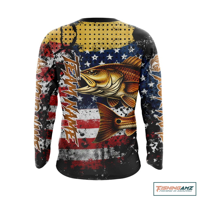 American Flag Custom Redfish Fishing Shirts Long Sleeve, Patriotic Redfish Fishing Jerseys NHT484