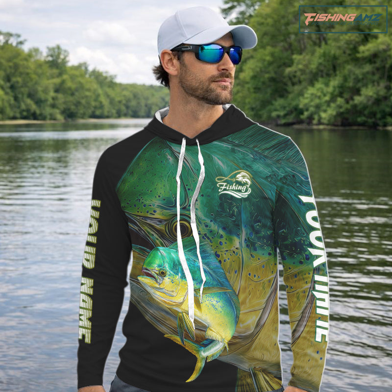Mahi Mahi (Dorado) Fishing Customize Name Fishing Shirts Long Sleeve Hooded For Men NHT569