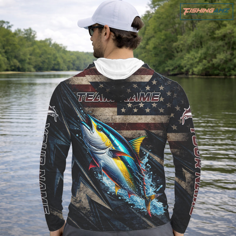Patriotic Tuna Fishing Jerseys, Personalized American Flag Tuna Fishing Shirts Long Sleeve Hooded NHT581