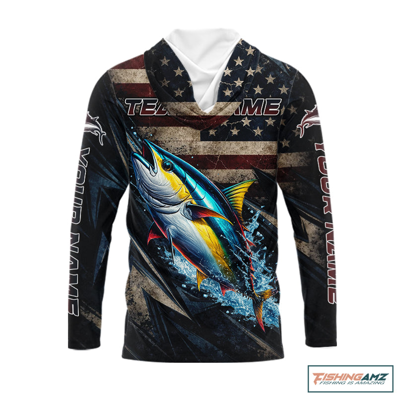 Patriotic Tuna Fishing Jerseys, Personalized American Flag Tuna Fishing Shirts Long Sleeve Hooded NHT581
