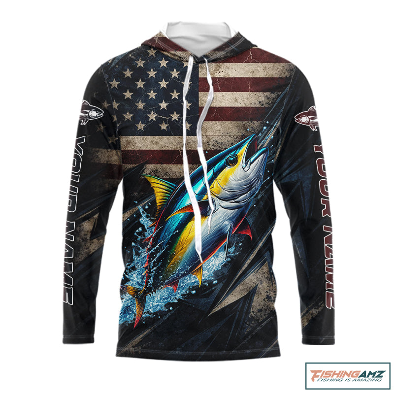 Patriotic Tuna Fishing Jerseys, Personalized American Flag Tuna Fishing Shirts Long Sleeve Hooded NHT581