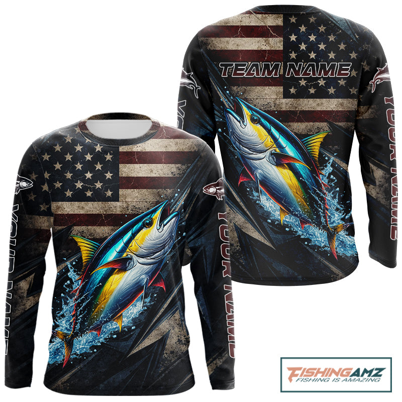 Patriotic Tuna Fishing Jerseys, Personalized American Flag Tuna Fishing Shirts Long Sleeve NHT581