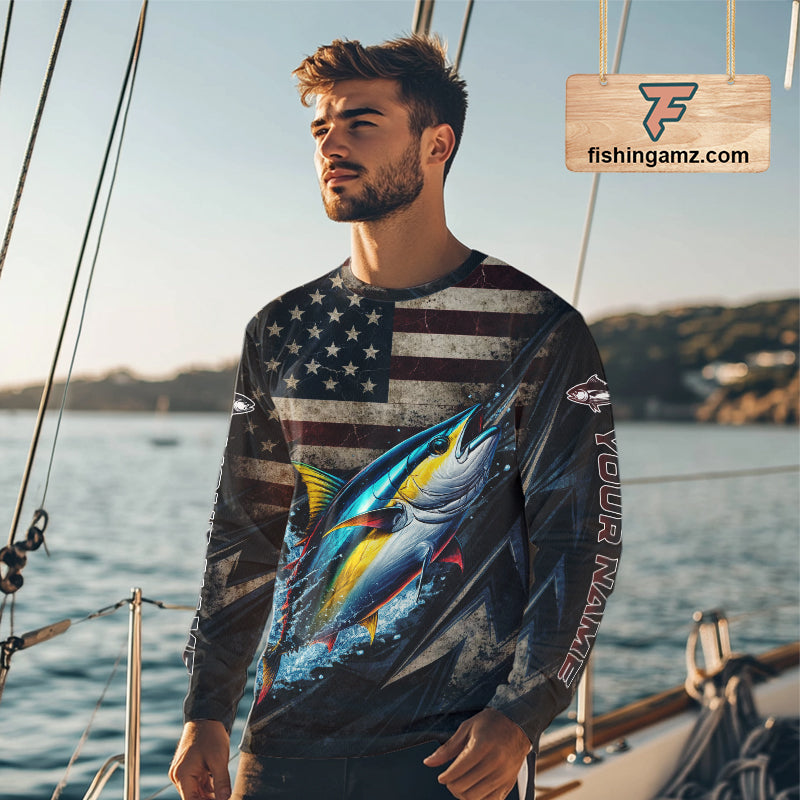 Patriotic Tuna Fishing Jerseys, Personalized American Flag Tuna Fishing Shirts Long Sleeve NHT581