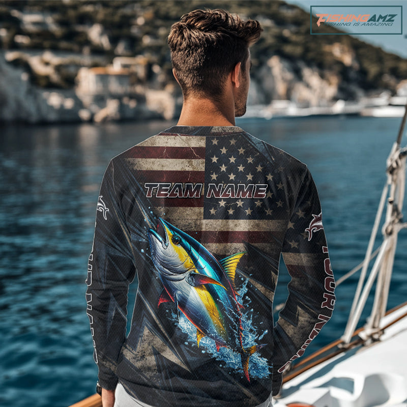 Patriotic Tuna Fishing Jerseys, Personalized American Flag Tuna Fishing Shirts Long Sleeve NHT581