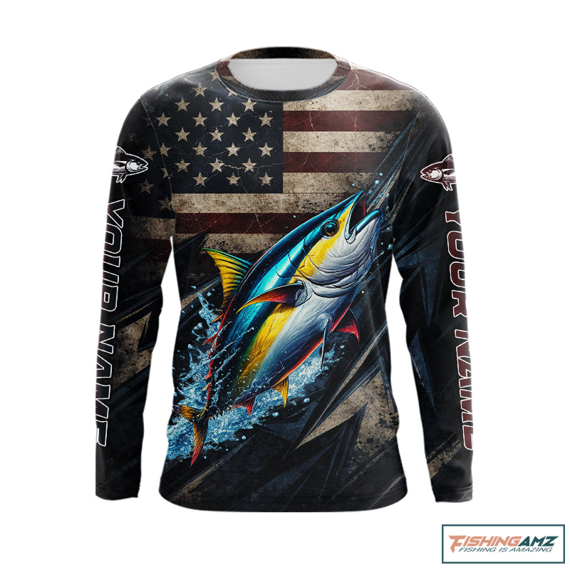Patriotic Tuna Fishing Jerseys, Personalized American Flag Tuna Fishing Shirts Long Sleeve NHT581