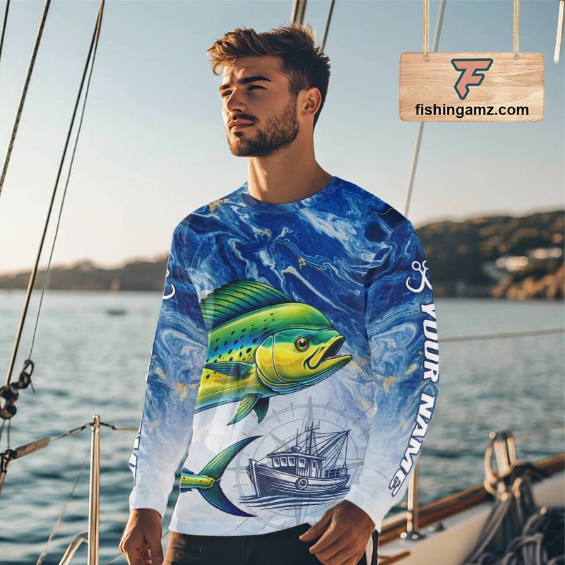 Personalized Mahi Mahi Fishing Shirt With Ocean Wave Graphic, Long Sleeve Fishing Apparel NHT612