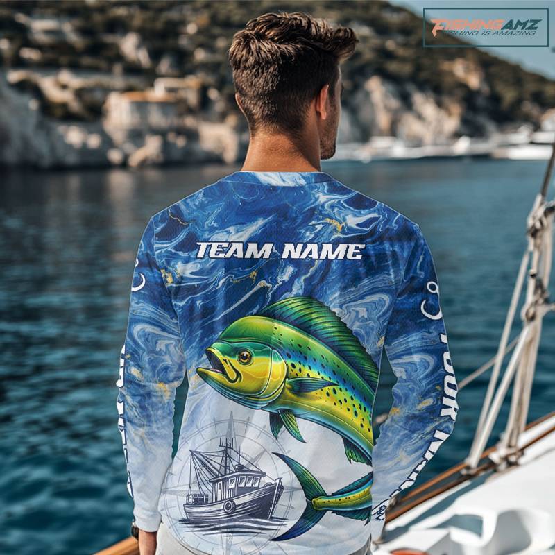 Personalized Mahi Mahi Fishing Shirt With Ocean Wave Graphic, Long Sleeve Fishing Apparel NHT612