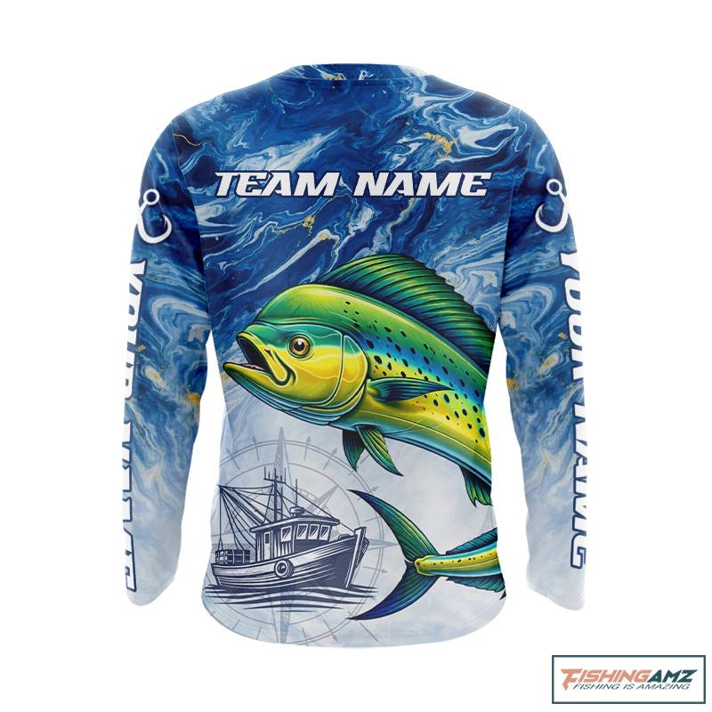 Personalized Mahi Mahi Fishing Shirt With Ocean Wave Graphic, Long Sleeve Fishing Apparel NHT612