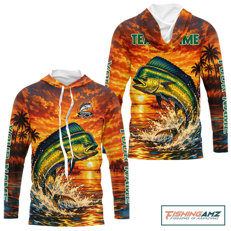 Personalized mahi mahi dolphin fish hooded fishing shirt, sunset ocean design