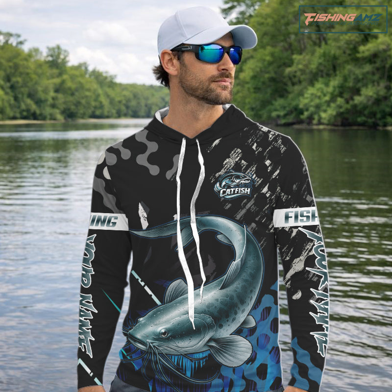 Black Camo Custom Catfish Hooded Fishing Shirts Long Sleeve, Catfish Fishing Jerseys For Men NHT499