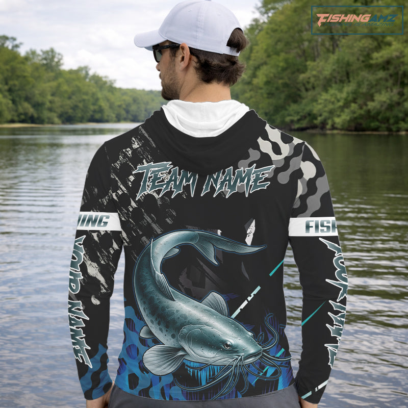 Black Camo Custom Catfish Hooded Fishing Shirts Long Sleeve, Catfish Fishing Jerseys For Men NHT499