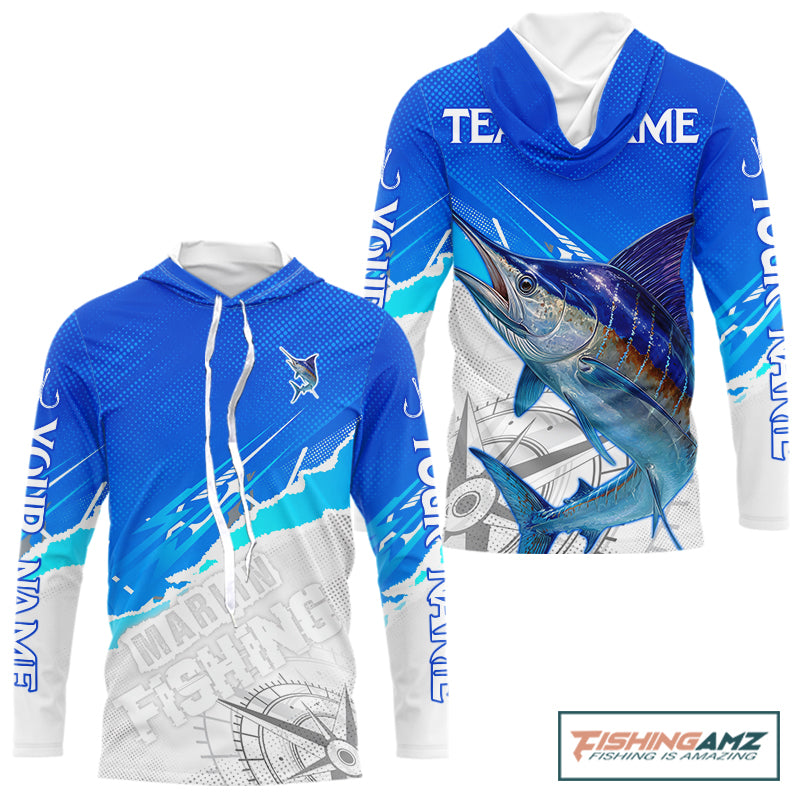 Marlin Fishing Custom Hooded Fishing Shirts Long Sleeve For Men, Marlin Saltwater Fishing Shirt NHT643