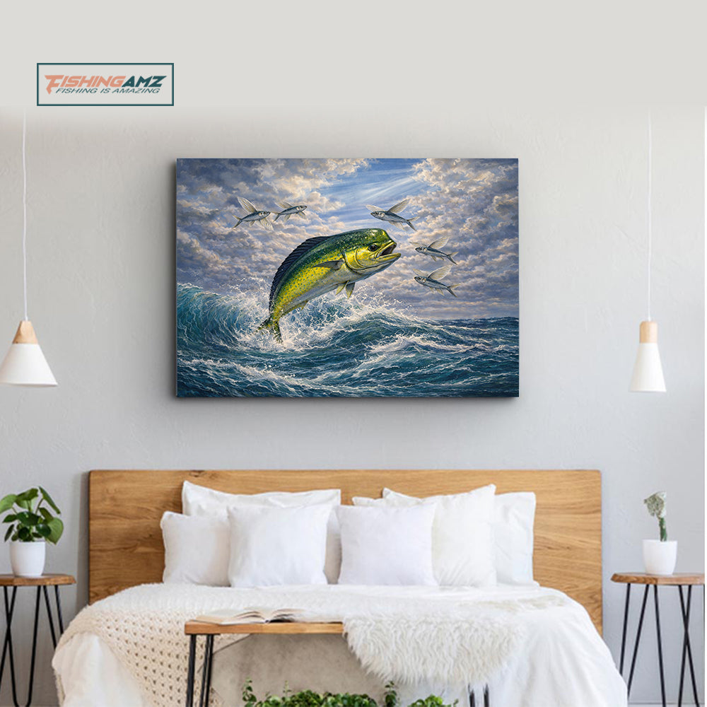Offshore Action: Mahi Mahi Chasing Flying Fish – Ocean Fishing Canvas Art 3D NHT441