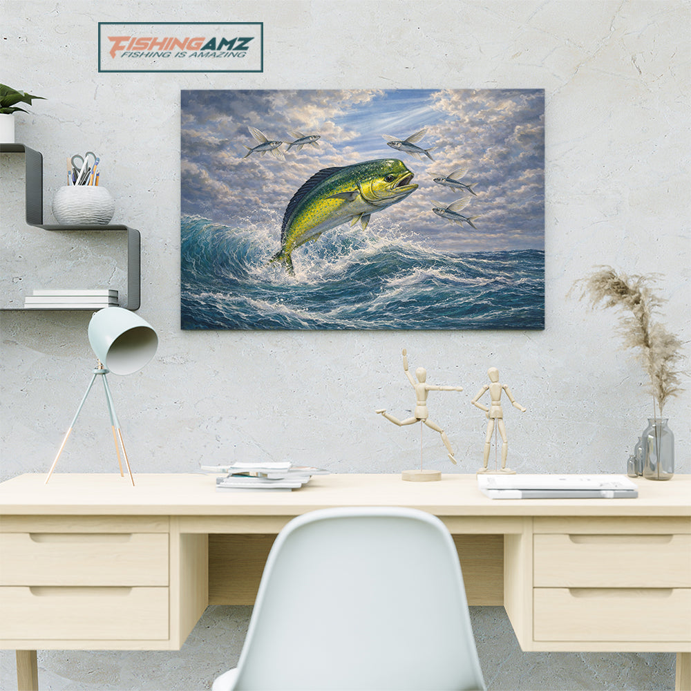 Offshore Action: Mahi Mahi Chasing Flying Fish – Ocean Fishing Canvas Art 3D NHT441