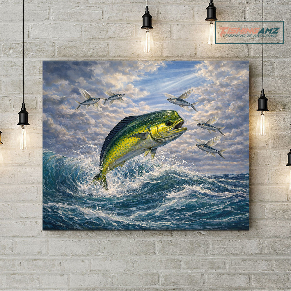 Offshore Action: Mahi Mahi Chasing Flying Fish – Ocean Fishing Canvas Art 3D NHT441
