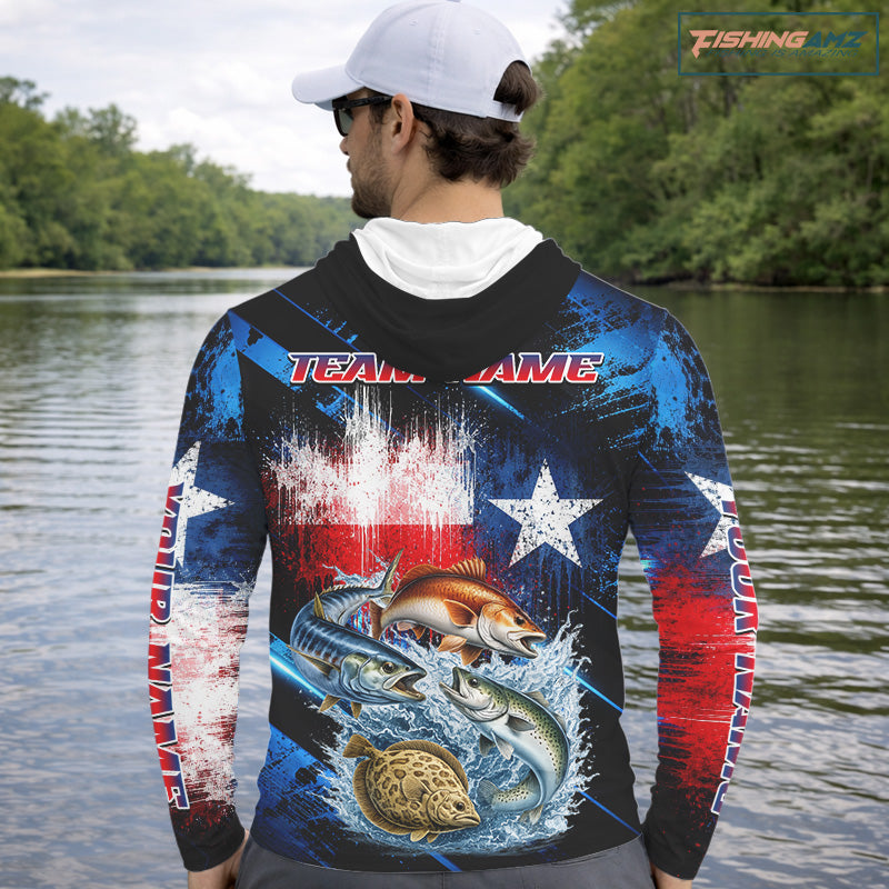 Texas Grand Slam custom hooded long sleeve fishing shirt, Texas flag fishing jersey