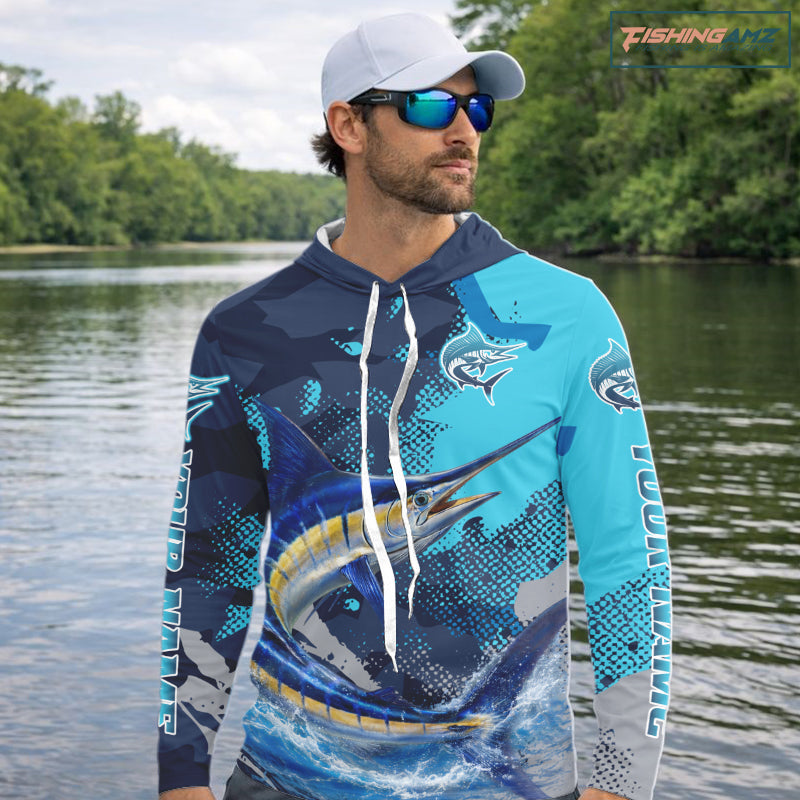 Marlin Fishing Blue Camo Custom Name Long Sleeve, Long Sleeve Hooded Fishing Shirt NHT453
