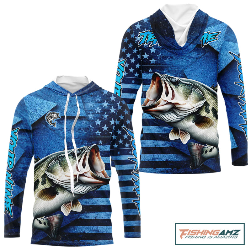 Bass Fishing Shirts Long Sleeve Hooded With American Flag, Personalized Bass Fishing Gift For Father Days NHT680