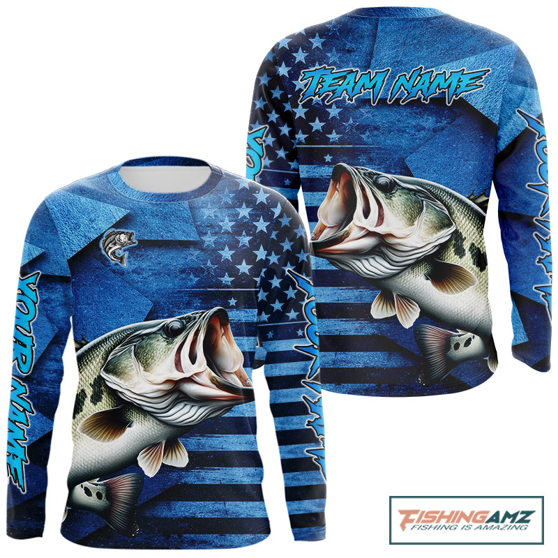 Bass Fishing Shirts Long Sleeve With American Flag, Personalized Bass Fishing Gift For Father Days NHT680
