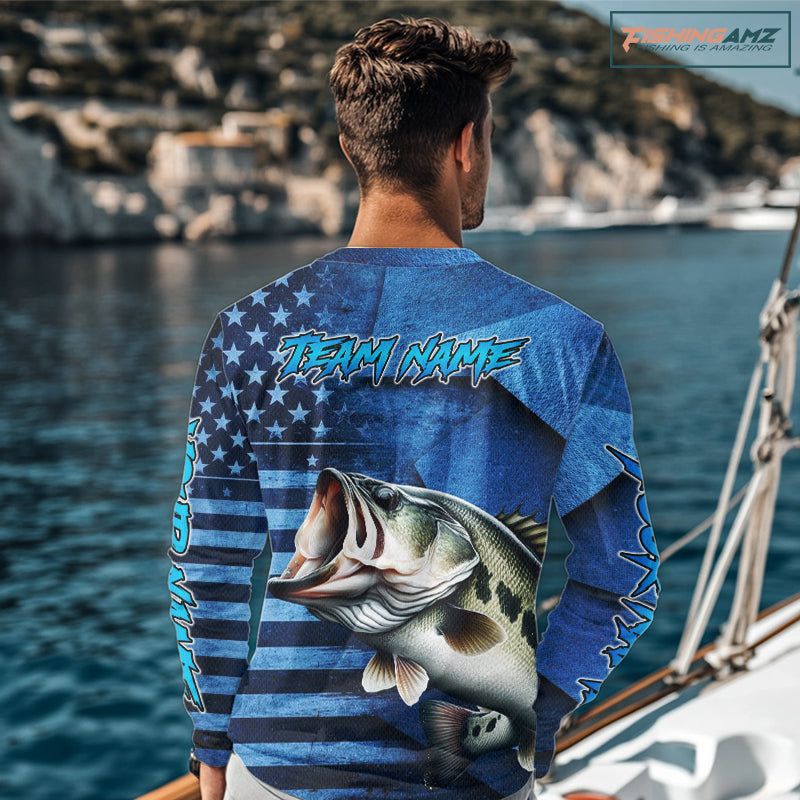 Bass Fishing Shirts Long Sleeve With American Flag, Personalized Bass Fishing Gift For Father Days NHT680