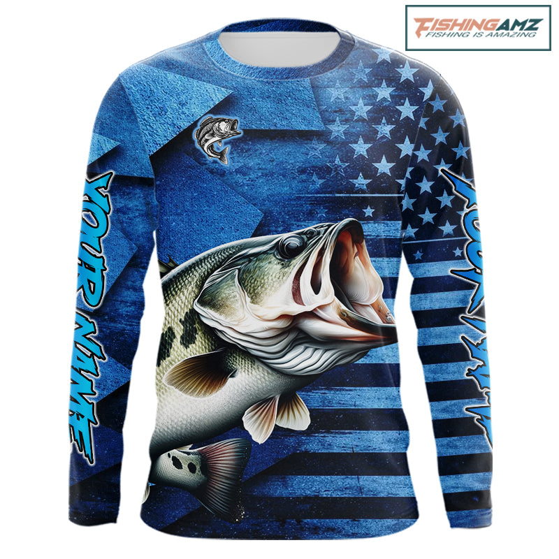Bass Fishing Shirts Long Sleeve With American Flag, Personalized Bass Fishing Gift For Father Days NHT680
