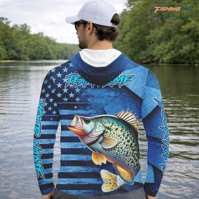 Crappie Fishing Shirts Long Sleeve Hooded With American Flag, Personalized Crappie Fishing Gift For Father Days NHT681