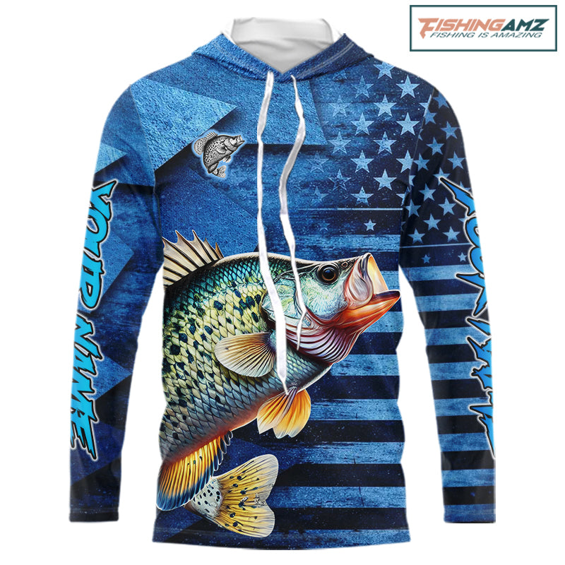 Crappie Fishing Shirts Long Sleeve Hooded With American Flag, Personalized Crappie Fishing Gift For Father Days NHT681