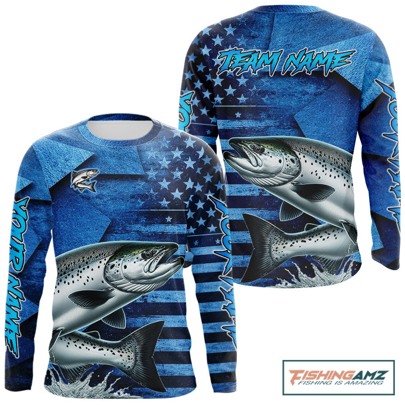 Chinook Salmon Fishing Shirts Long Sleeve With American Flag, Personalized Salmon Fishing Gift For Father Days NHT682