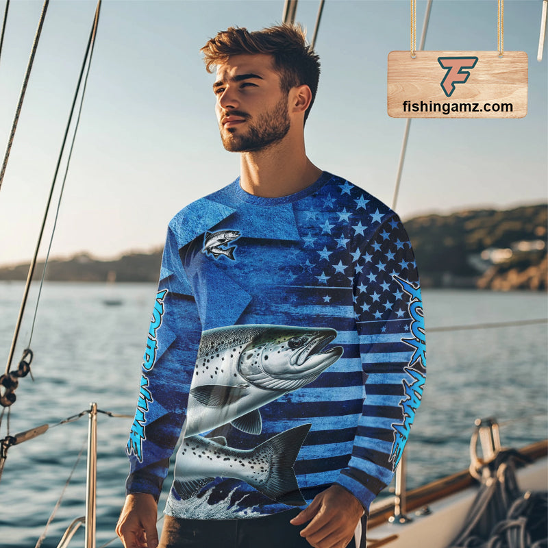 Chinook Salmon Fishing Shirts Long Sleeve With American Flag, Personalized Salmon Fishing Gift For Father Days NHT682