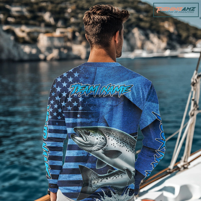 Chinook Salmon Fishing Shirts Long Sleeve With American Flag, Personalized Salmon Fishing Gift For Father Days NHT682