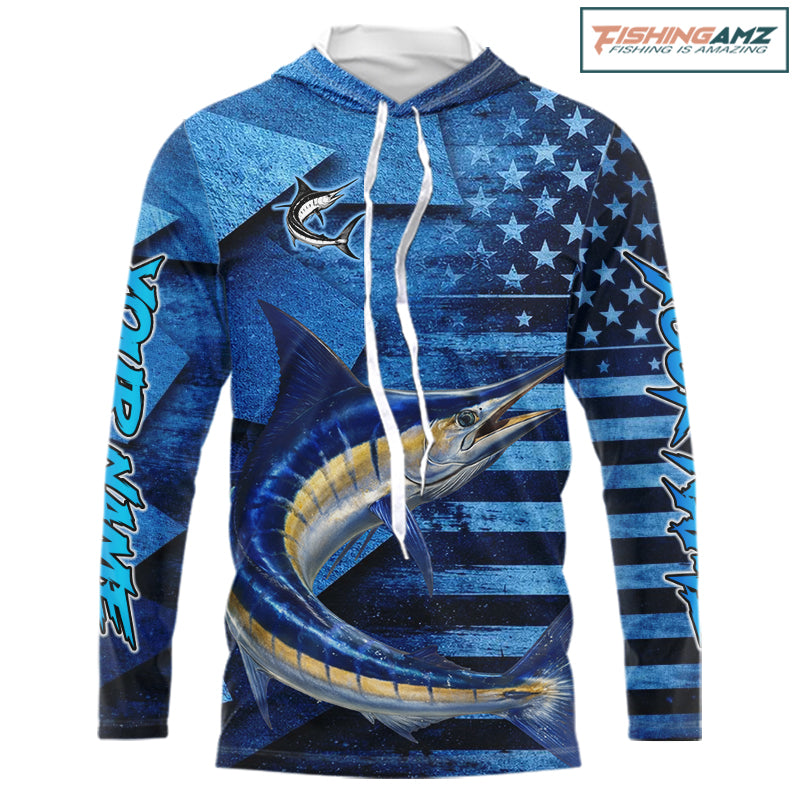 Marlin Fishing Shirts Long Sleeve Hooded With American Flag, Personalized Marlin Fishing Gift For Father Days NHT683