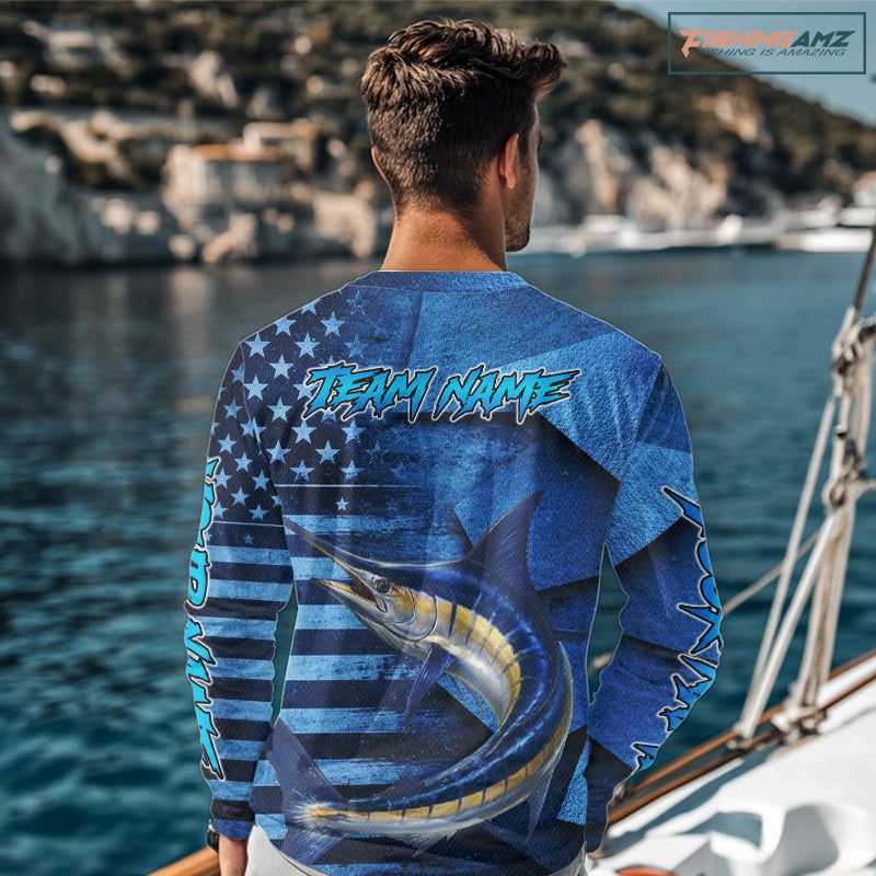 Marlin Fishing Shirts Long Sleeve With American Flag, Personalized Marlin Fishing Gift For Father Days NHT683