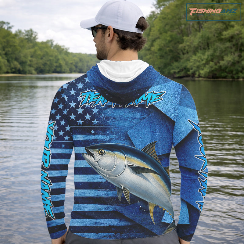 Tuna Fishing Shirts Long Sleeve Hooded With American Flag, Personalized Tuna Fishing Gift For Father Days NHT684