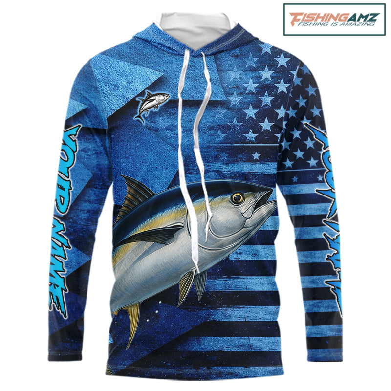 Tuna Fishing Shirts Long Sleeve Hooded With American Flag, Personalized Tuna Fishing Gift For Father Days NHT684