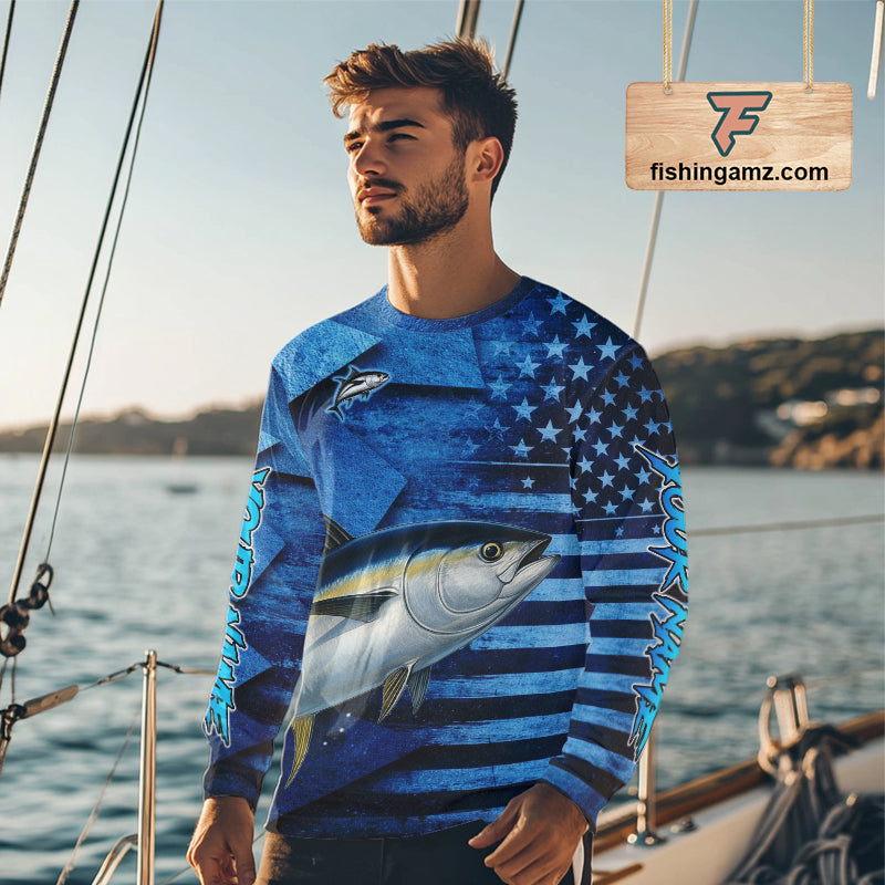 Tuna Fishing Shirts Long Sleeve With American Flag, Personalized Tuna Fishing Gift For Father Days NHT684