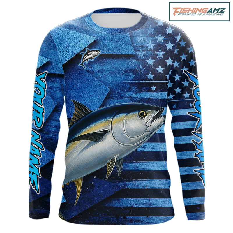 Tuna Fishing Shirts Long Sleeve With American Flag, Personalized Tuna Fishing Gift For Father Days NHT684