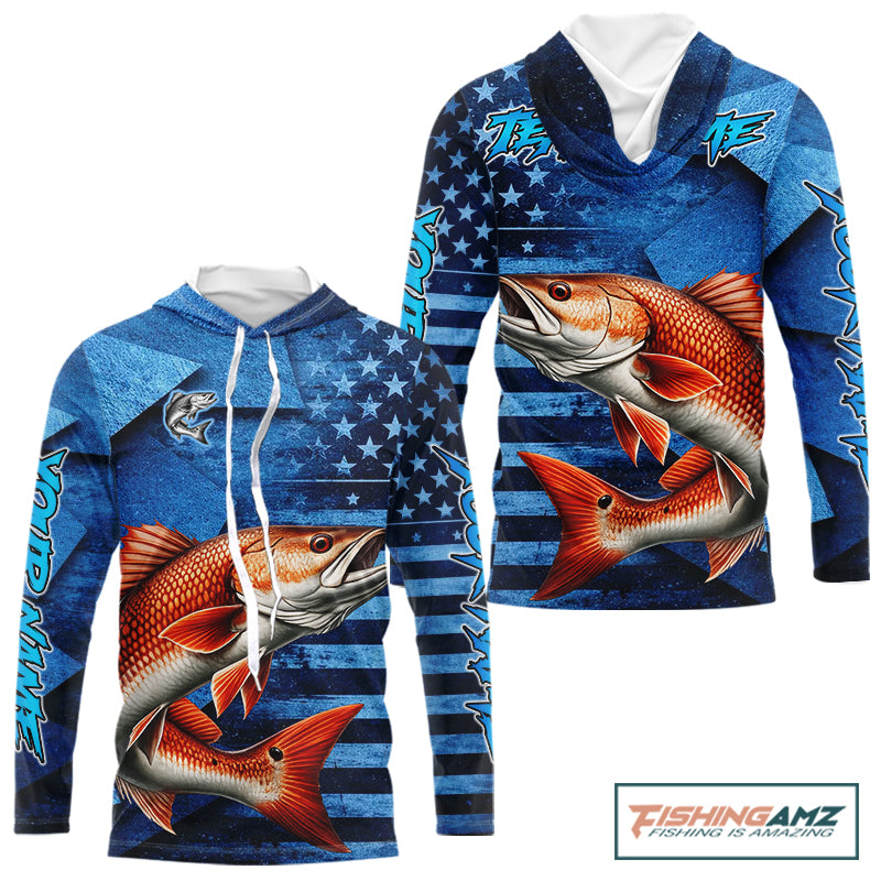 Redfish Fishing Shirts Long Sleeve Hooded With American Flag, Personalized Redfish Fishing Gift For Father Days NHT685