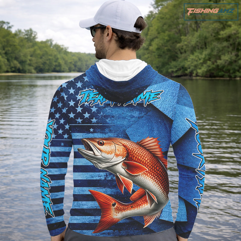 Redfish Fishing Shirts Long Sleeve Hooded With American Flag, Personalized Redfish Fishing Gift For Father Days NHT685